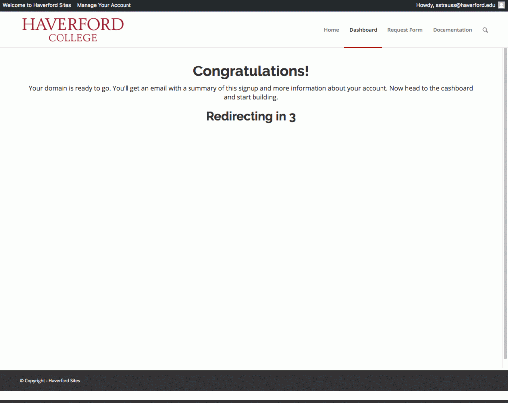 "Congratulations" screen appears, and then you are redirected to cPanel screen
